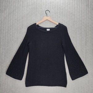 Chico's Wool Black Crew Neck Sweater Subtle Metallic Ribbed Bell Sleeves-Sz 4